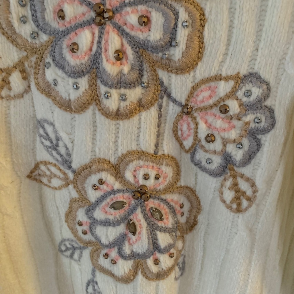 Alfred‎ Dunner Cream Floral Embroidered Cable Knit Sweater Womens Large Beaded - Picture 6 of 8